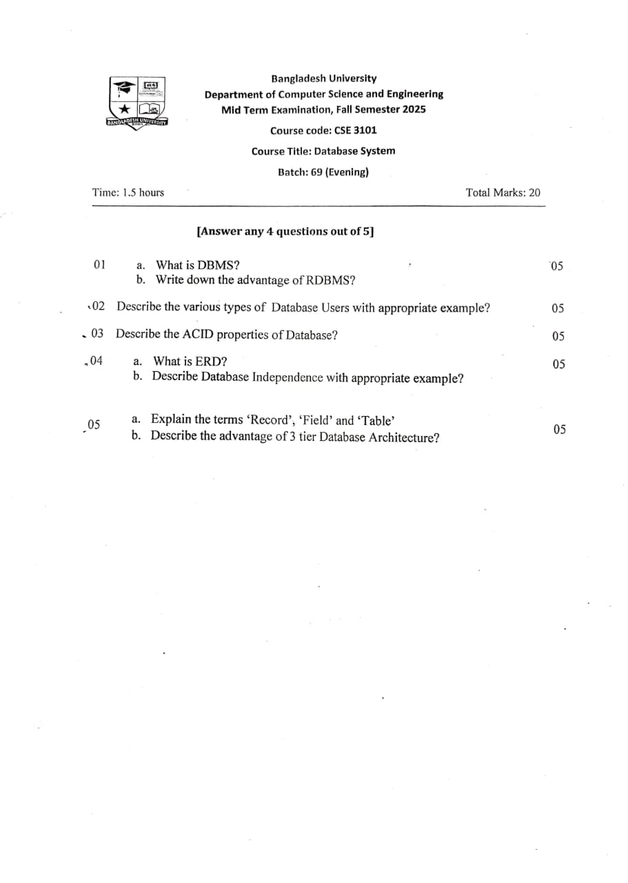 Database System question paper