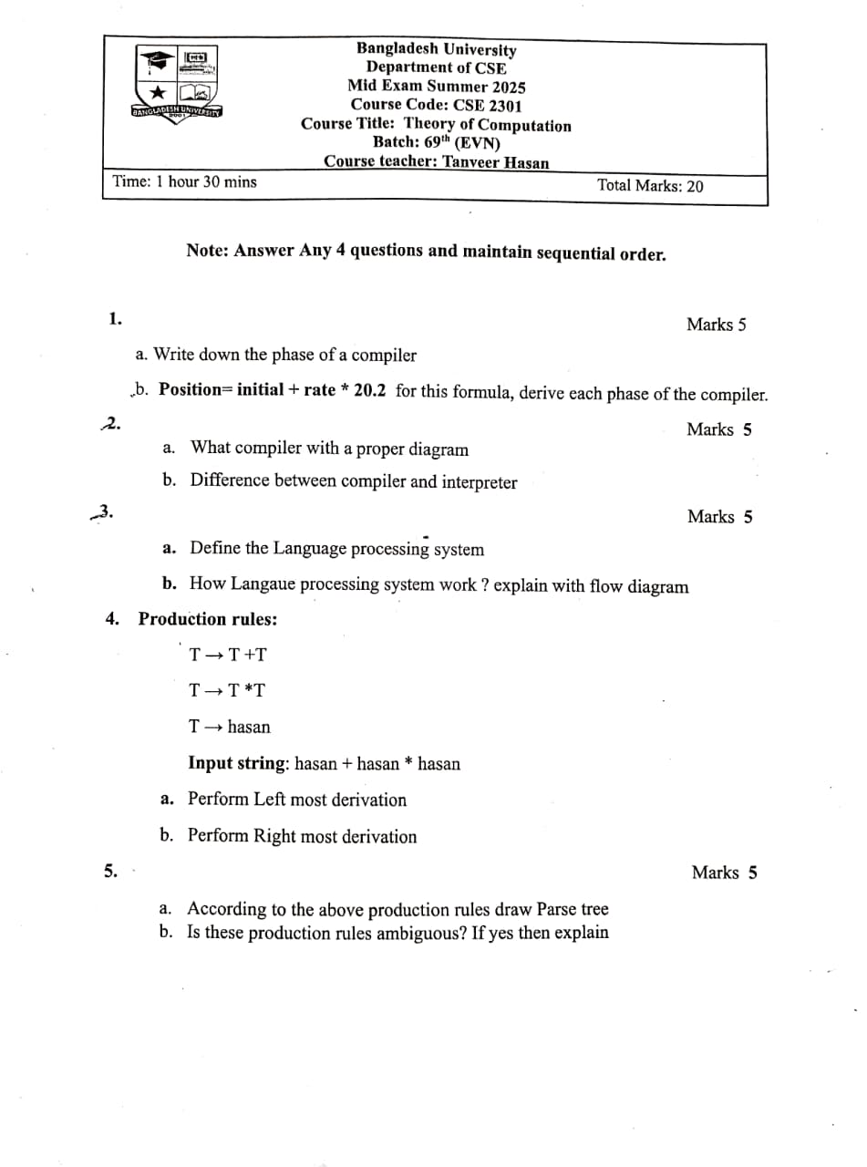 Theory of Computation question paper